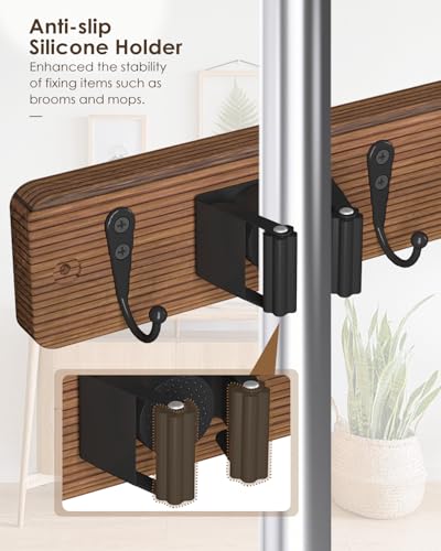 AceMining 1 Pack Wall Mount Broom Holder with 4 Hooks - Brown