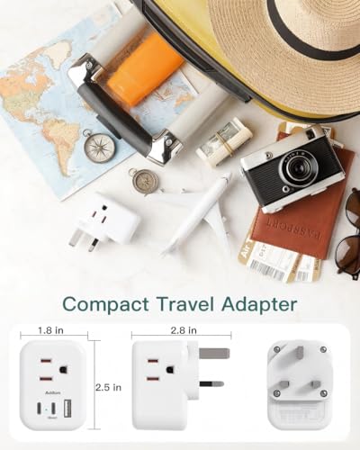Addtam US to UK Travel Plug Adapter Type G with 3 Outlets, 2 USB-A & 1 USB-C