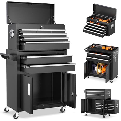INTERGREAT 8-Drawer Rolling Tool Chest with Wheels, Detachable Top Box, Locking System – Black