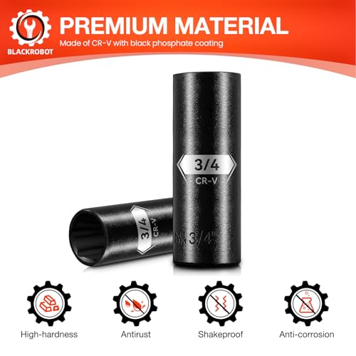 1/2 Inch Drive 6-Point Deep Socket, 3/4 Inch Deep Impact Socket, CR-V Steel