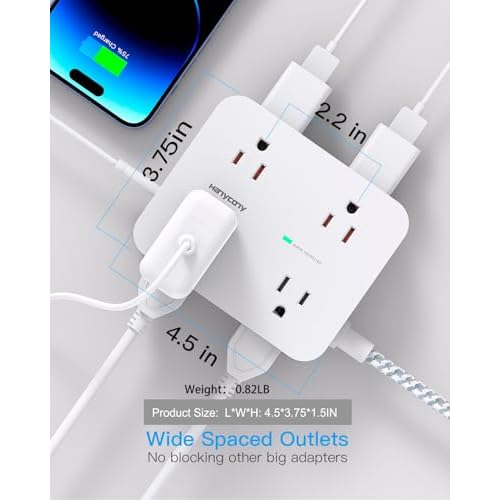 Surge Protector Power Strip - HANYCONY 8 Outlets 4 USB (2 USB C) Charging Ports, Multi Plug Outlet Extender, 5Ft Braided Extension Cord, Flat Plug Wall Mount Desk Charging Station for Home Office ETL