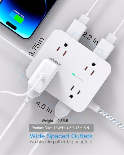HANYCONY 12-in-1 Surge Protector Power Strip 5ft White Braided Extension Cord