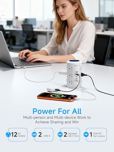 10FT White Tower Power Strip with 20W PD USB-C Fast Charging Port