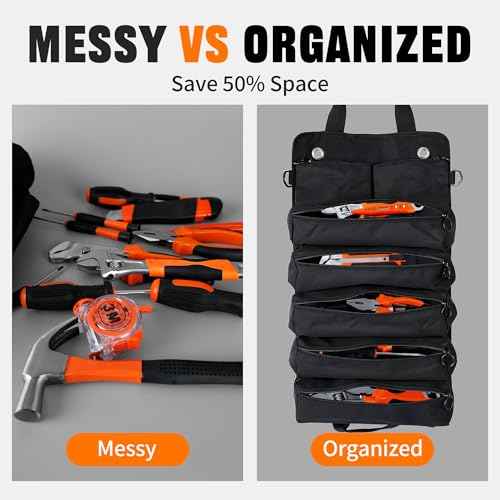 Portable Foldable Roll Up Tool Bag Organizer with 5 Compartments & 2 Detachable Pouches, Heavy Duty Waterproof Tool Pouch Bag for Secure Tool Storage, Tool Roll for Dad Men Electrician Mechanic Gifts