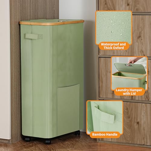 Vincona 75L Sage Green Laundry Basket with Wheels and Lid - Tall Rolling Hamper