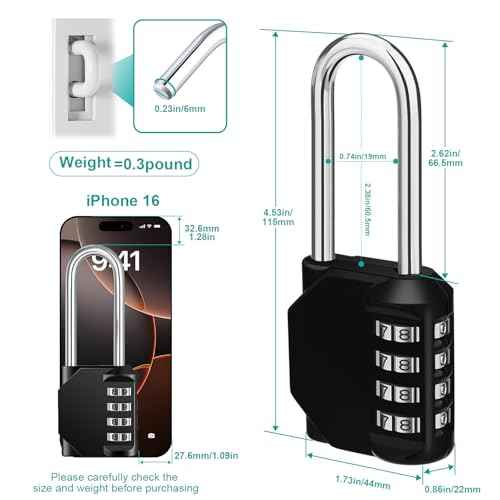 ZHEGE Long Shackle Padlock, 4 Digit Combination Lock, Resettable Combo Lock for School, Gym Employee Locker, Outdoor, Fence (Black)