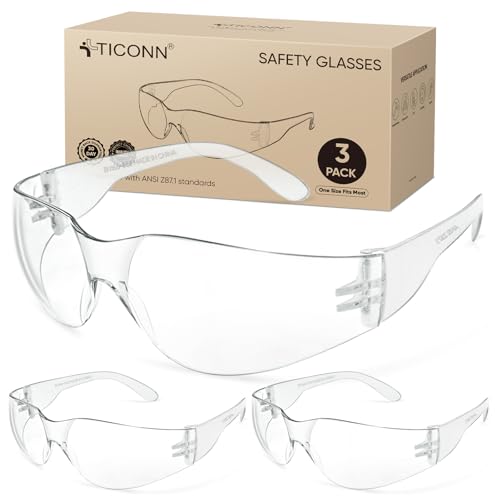 TICONN 3 Pairs Clear Safety Glasses ANSI Z87.1 Protective Goggles for Men & Women