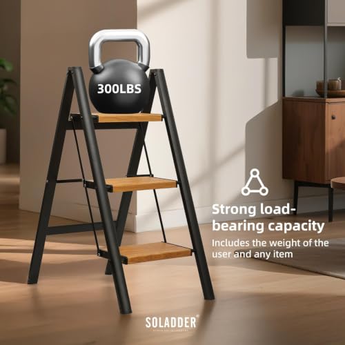 Soladder 3-Step Folding Ladder with Black & Woodgrain Finish, Lightweight & Stable