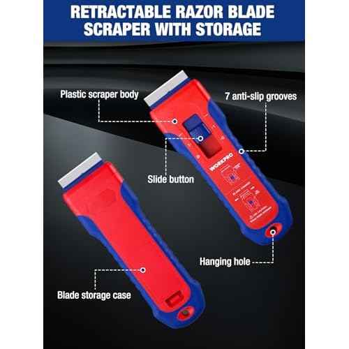 WORKPRO Retractable Razor Blade Scraper with 56 Blades, Built-in Storage Cleaning Scraper Tool for Paint Stickers Adhesive Glass Ceramic Wood