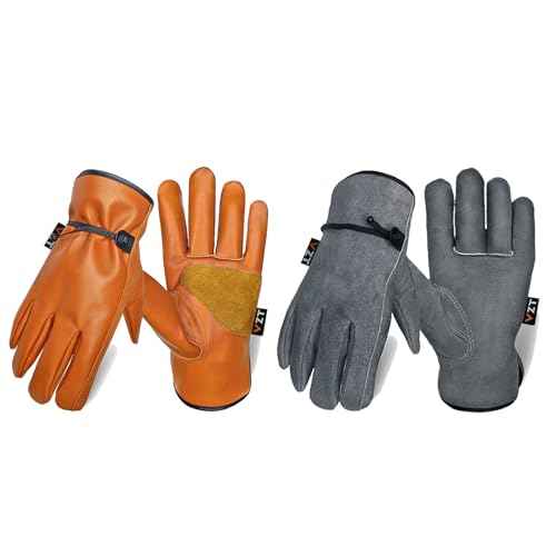 2 Pairs Leather Work Gloves for Men or Women, Non-fading Cowhide, for GardeningConstruction, Welding, Yardwork, driver