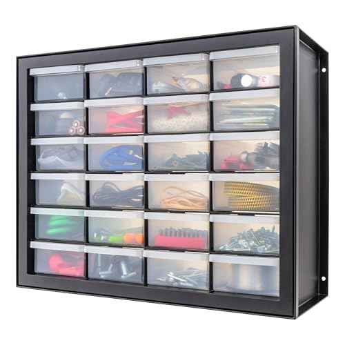 IRIS USA Plastic Storage Drawers, 24-Drawer, Stackable Small Parts Organizer Cabinet for Hardware Screw Nuts and Bolts Sticker Bead Balloon Building Bricks, Teacher Toolbox Garage Storage Bins, Black