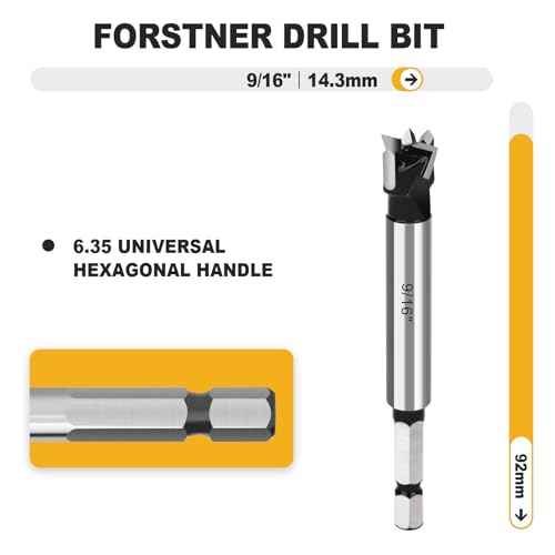 9/16" Forstner Drill Bit with 1/4" Quick Change Hex Shank,Tungsten Carbide Tipped - for Hard Wood,Soft Wood Woodworking Hinge Cutter Tool Kits for Veneered Plywood Plastic