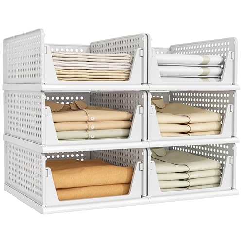 Pinkpum 6 Pack White Stackable Closet Storage Bins - Multi-Functional Drawer Organizers