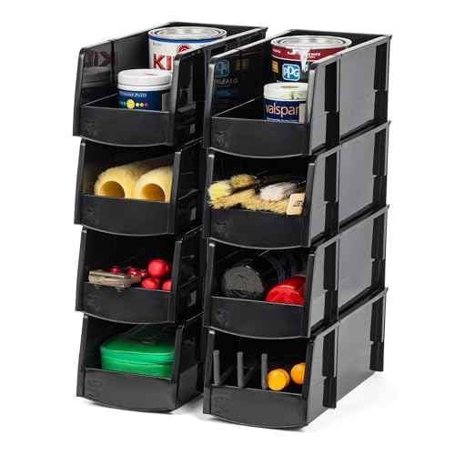 IRIS USA Large Stackable Storage Bins, 8-Pack, 13"L x 6"W x 5"H, |Made in USA|, Plastic Open Front Shelf Bin for Organizing Parts, Hardware, Tools, Supplies, Garage Shelf, Pantry - Black