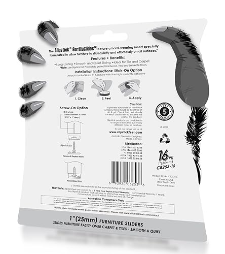 Slipstick GorillaGlides 1 Inch Chair Sliders Pack of 16 Floor Protectors