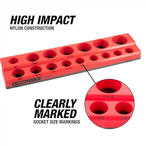 OEMTOOLS 22460 6-Pc Magnetic Socket Tray Set — SAE & Metric, 1/4 3/8 1/2 in Drives, Red & Black