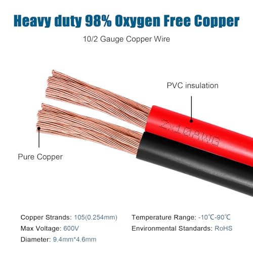 10FT 10 Gauge Copper Battery Cable - 2 Conductors, Outdoor Rated