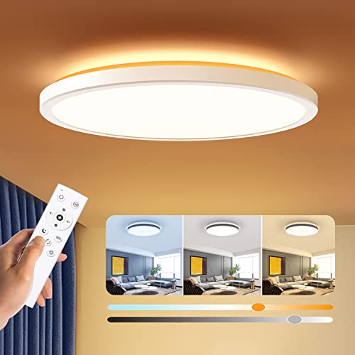 White 12-Inch Dimmable LED Flush Mount Ceiling Light with Remote, Adjustable 3000K-6500K for Bedroom & Kitchen