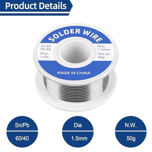 60-40 Tin Lead Rosin Core Solder Wire for Electrical Soldering, Electronics Repair, DIY Projects, With Soldering Tip Cleaner (1.5mm-50g)