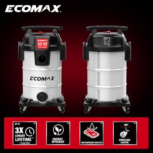 ECOMAX 8 Gallon Ultra Quiet Stainless Steel Shop Vacuum Wet Dry Cleaner