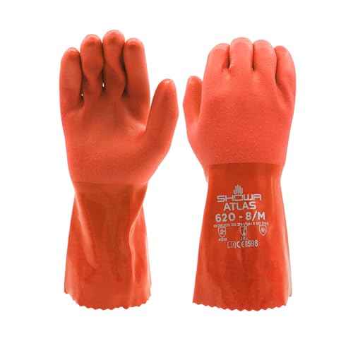 SHOWA Atlas 620 Double-Dipped PVC Chemical Resistant Safety Work Glove with Cotton Liner, 12" Length, Large (1 Pair)
