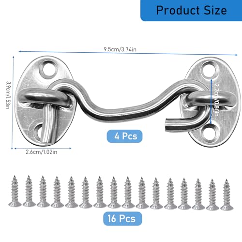 3 Inch Stainless Steel Hook and Eye Gate Latch - Pack of 4, Silver