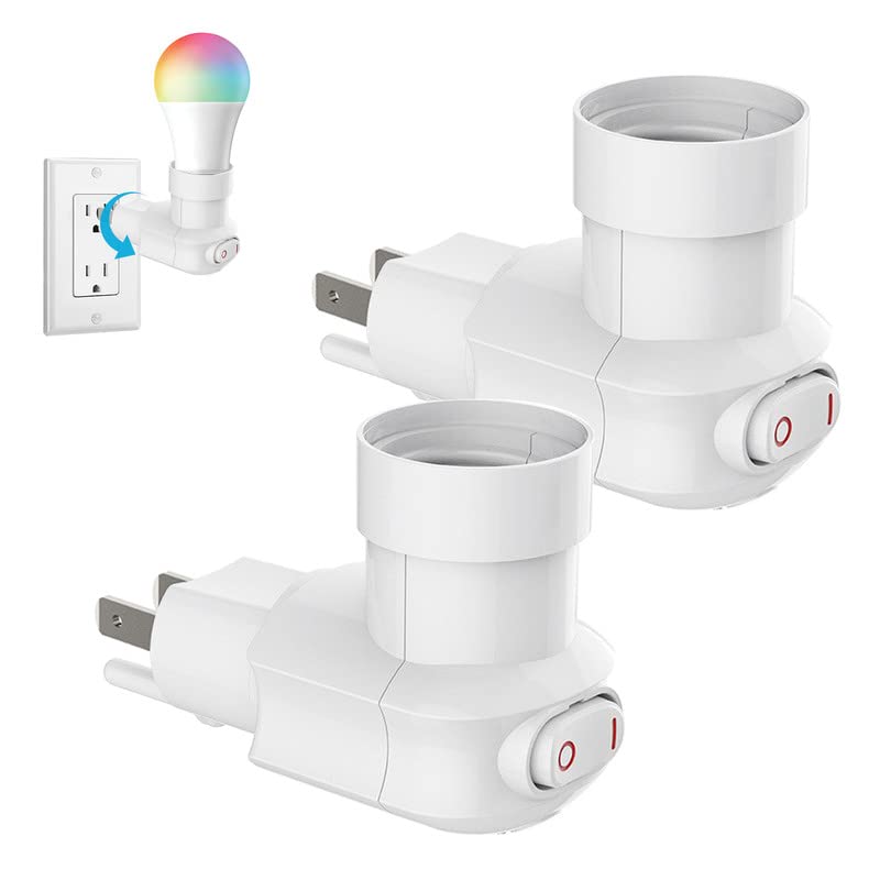 MIKWOAB 2 Pack White Outlet to Socket Adapter with 360° Rotatable E26/E27 Light Socket and On/Off Switch - Light Socket Version