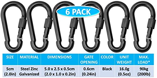 5cm Black Zinc Galvanized Steel Bushcraft Locking Carabiner Clips 6-Pack