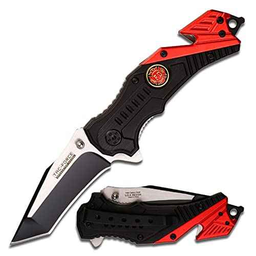 Tac-Force Pocket Folding Pocket Knife ? Black/Satin Finish Blade, Black/Red Aluminum Handle w/Fire Dept Logo, Rope Cutter, Glass Punch, and Pocket Clip, Tactical, EDC, Rescue - TF-640FD