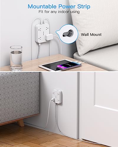 5 Ft White Flat Plug Power Strip with 4 USB Ports & 2 USB-C - Space-Saving Extension Cord