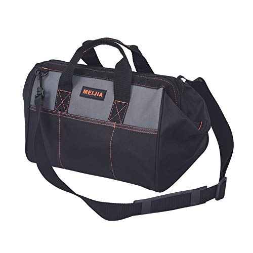 MEIJIA Portable Waterproof Tool Bag, Wide Mouth Open, Multi Inside Pockets for Tool Storage with Adjustable Shoulder Strap(14")