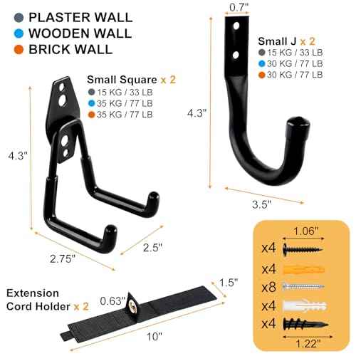 REMIAWY Garage Hooks Heavy Duty, Steel Utility Garage Storage Hook 6 Pack, Wall Mount Double Tool Hangers with Anti-Slip Coating for Hanging and Organizing Ladder Bike, Garden Tools, Bulk Items