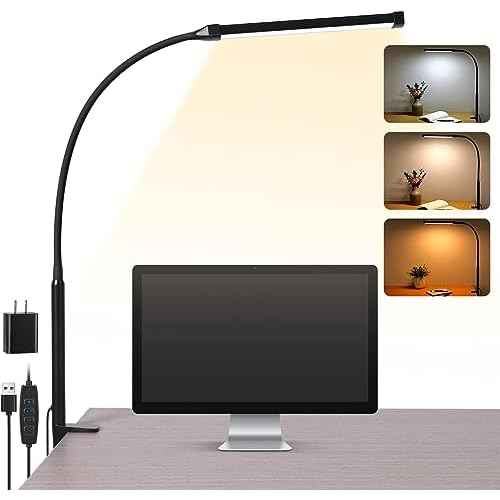 LED Desk Lamp with Clamp, Eye-Caring Clip on Lights for Home Office, 3 Modes 10 Brightness, Long Flexible Gooseneck, Metal, Swing Arm Architect Task Table Lamps with USB Adapter, Black