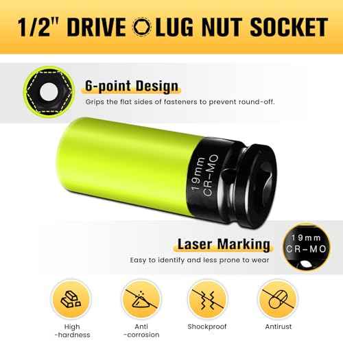 BOEN 19mm 1/2" Drive Wheel Protector Impact Socket, Non-Marring Lug Nut Thin Wall Deep Socket Set, Chrome-Molybdenum Steel, 6 Point, Color-Coded Protective Socket
