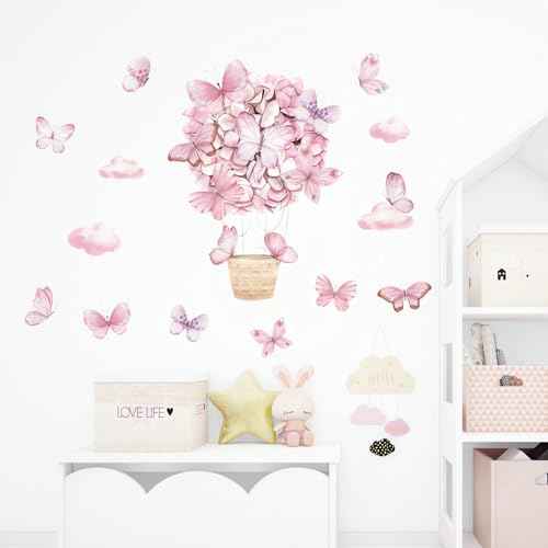 Pink Butterfly Hot Air Balloon Wall Stickers, sacinora DIY Cartoon Art Wall Decals Removable Vinyl Peel and Stick for Kids Baby Girl Nursery Bedroom Children's Room Studyroom Playroom Decorations