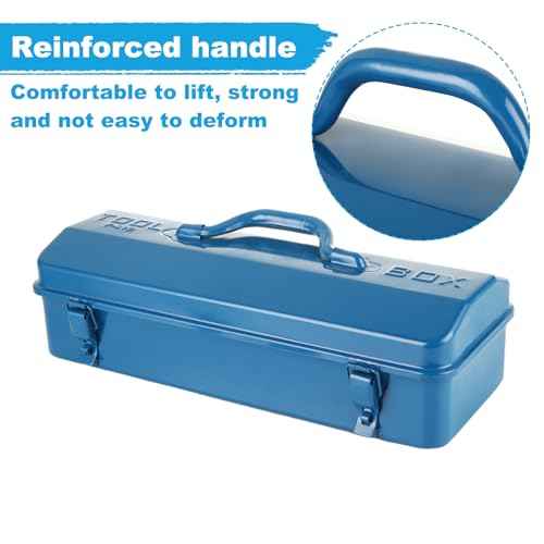 2 PCS Small Metal Tool Box 16 Inch Hip Roof Style Portable Locking Toolbox With Metal Latch Closure & Handle Blue Tool Storage Box