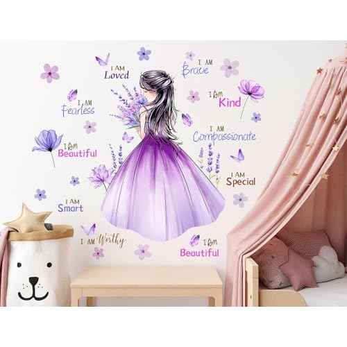 Butterfly Girl Wall Decal Flower Fairy Princess Wall Stickers Inspirational Quote Purple Lavender Floral Vinyl DIY Removable Peel and Stick Nursery Wall Decor for Kids Baby Bedroom Decoration DT-8617