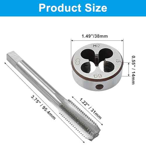 Hordion M12 x 1.5mm Tap and Die Set, High-speed Steel Thread Tap Die Set,Right Hand Machine Tap with Round Threading Die