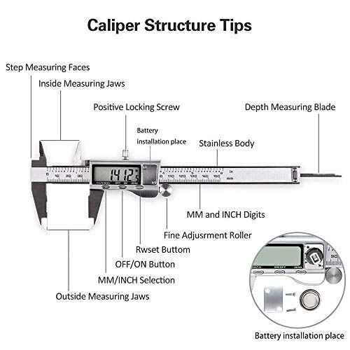 Digital Caliper, Caliper Measuring Tool with Stainless Steel, Electronic Micrometer Caliper with Large LCD Screen, Auto-Off Feature, Inch and Millimeter Conversion (6 Inch/150 mm)