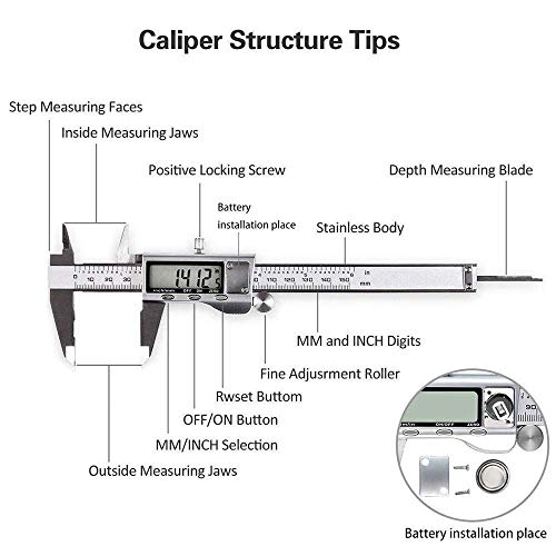 LOUISWARE Silver Digital Caliper 6 Inch/150mm Stainless Steel Electronic Measuring Tool with LCD Screen
