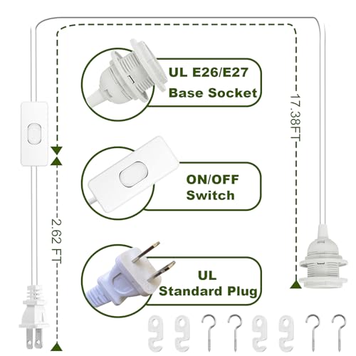 White 20FT Pendant Light Cord Kit with On/Off Switch, E26/E27 Socket, UL Approved, 2 Pack