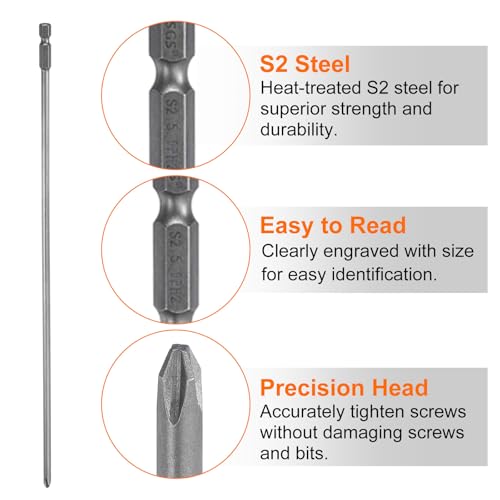 HARFINGTON 2pcs #2 Phillips Screwdriver Bit PH2 1/4" Hex Shank 12" (300mm) Long Magnetic S2 Steel Industrial Grade Screw Driver Bit Cross Head Electric Drill Bits 0.197" (5mm) Rod
