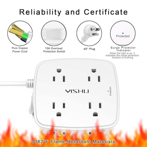 YISHU White 6Ft Surge Protector Power Strip with 8 Outlets & 4 USB Ports