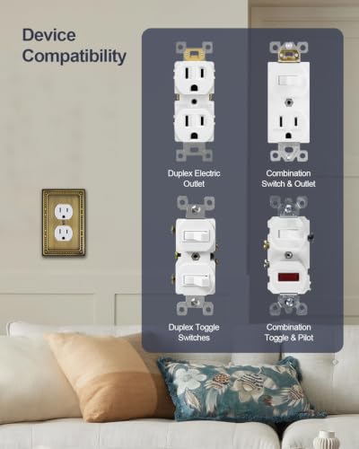 ZILLSEA Antique Brass Outlet Cover Plate 4-Pack - Vintage Metal Wall Switch & Socket Covers - Duplex Standard Size