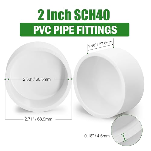 2 Inch PVC End Cap for SCH40 Pipe - Fits OD 2.375" - 2 Pack