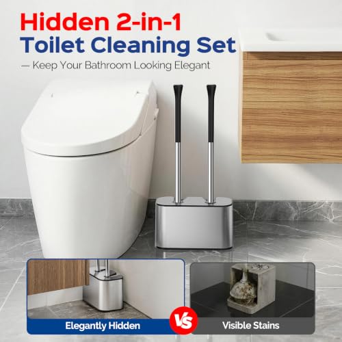 HAMITOR Silver 2-in-1 Toilet Brush and Plunger Set S-Shape - Rustproof Stainless Steel