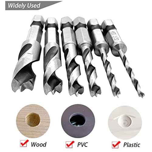 6pcs 1/4" Quick Change Hex Shank Wood Brad Point Stubby Short Drill Bit Set HSS 4241 Woodworking Drill for Right Angle Drill and Used in Tight Spaces