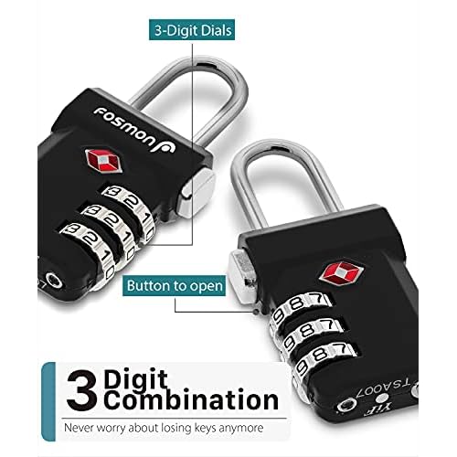 Fosmon TSA Accepted Luggage Locks, (4 Pack) Open Alert Indicator 3 Digit Combination Padlock Codes with Alloy Body and Release Button for Travel Bag, Suit Case & Luggage - Black