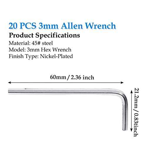 Bivethoi 20 Pcs 3mm Allen Wrench L-Shaped Hex Key Wrench Set, Small Metric Hexagon Tool