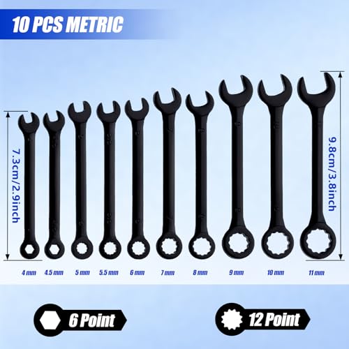 Mini Wrench Set Metric 10-Piece Ignition Wrench Set, 4-11mm Open End and Box End Combination Wrenches, Super Thin Small Wrenches with Zipper Bag and Key Ring for Small Fasteners, Black